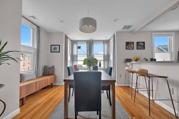 Dining room, Interior, Recessed Lighting, Wood Texture Flooring