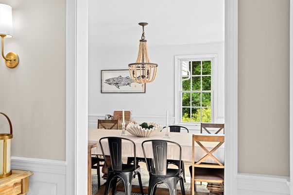 Dining room, Interior, Pendant Lights, Wood Texture Flooring