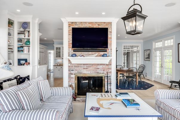 Dining room, Fireplace, Interior, Living room, Recessed Lighting, Wood Texture Flooring