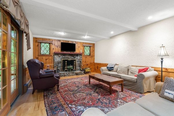 Fireplace, Interior, Living room, Recessed Lighting, Wood Texture Flooring, Wooden Walls