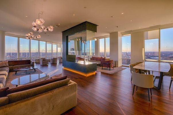 Dining room, Interior, Living room, Pendant Lights, Recessed Lighting, Wood Texture Flooring