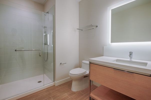 Bathroom, Glass Shower, Interior, Wood Texture Flooring
