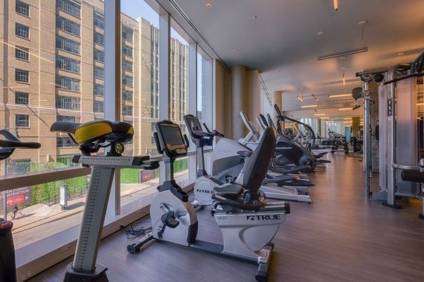 Fitness Equipment, Gym, Interior, Recessed Lighting, Wood Texture Flooring