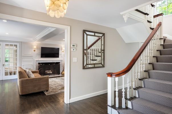 Chandelier, Fireplace, Interior, Living room, Recessed Lighting, Wood Texture Flooring