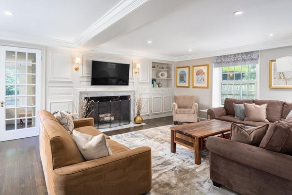 Fireplace, Interior, Living room, Recessed Lighting, Wood Texture Flooring