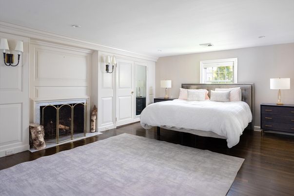 Bedroom, Fireplace, Interior, Recessed Lighting, Wood Texture Flooring