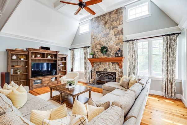 Fireplace, Interior, Living room, Stone Walls, Wood Texture Flooring