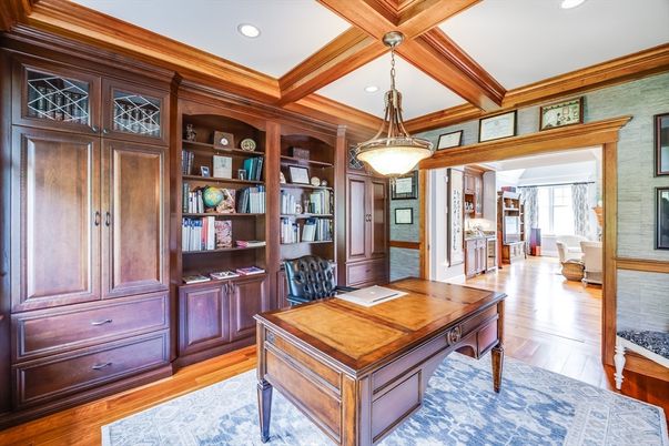 Home Office, Interior, Pendant Lights, Recessed Lighting, Wooden Beams, Wood Texture Flooring
