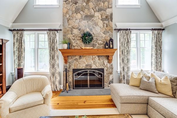 Fireplace, Interior, Living room, Stone Walls, Wood Texture Flooring