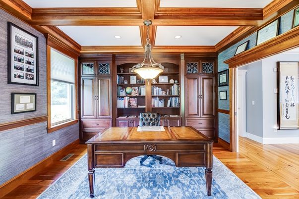 Home Office, Interior, Pendant Lights, Recessed Lighting, Wooden Beams, Wood Texture Flooring