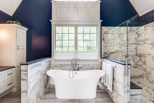 Bathroom, Free Standing Baths, Glass Shower, Interior, Marble, Marble Walls, Wood Texture Flooring