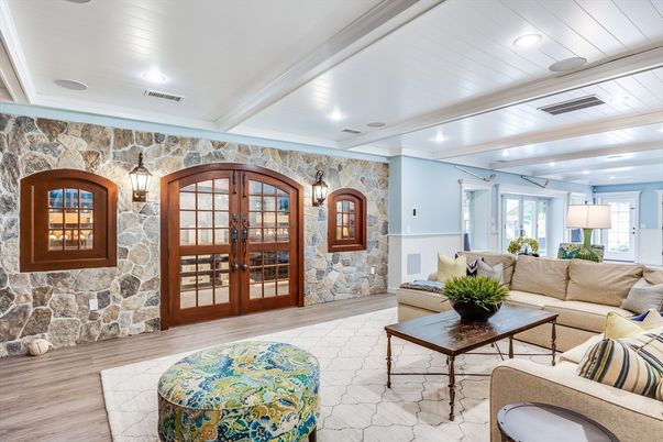 Interior, Living room, Recessed Lighting, Stone Walls, Wood Texture Flooring