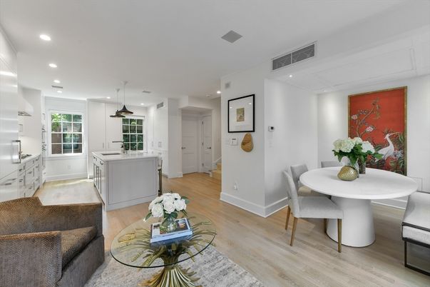 Dining room, Interior, Kitchen, Pendant Lights, Recessed Lighting, Wood Texture Flooring