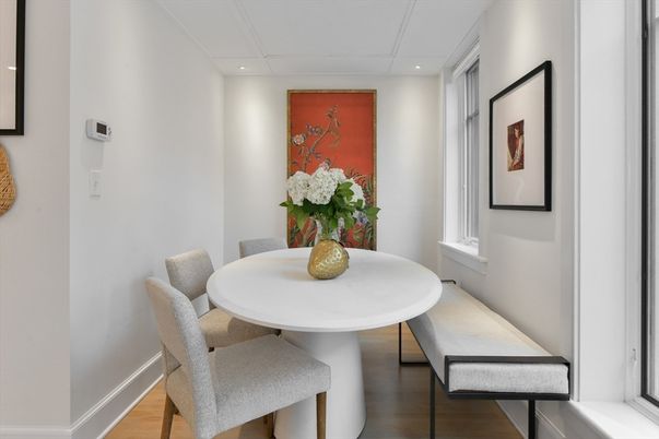 Dining room, Interior, Recessed Lighting, Wood Texture Flooring