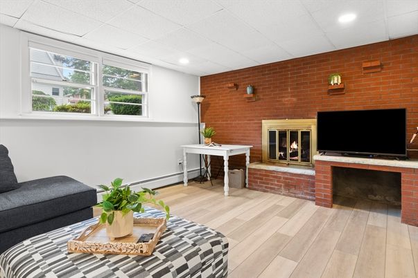Fireplace, Home Office, Interior, Recessed Lighting, Stone Walls, Wood Texture Flooring