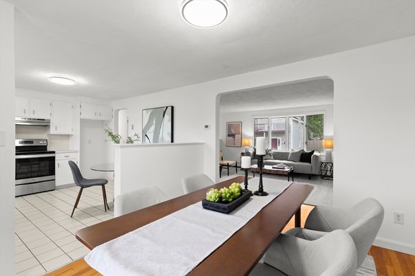 Dining room, Interior, Kitchen, Living room, Stainless Steel Appliances, Wood Texture Flooring