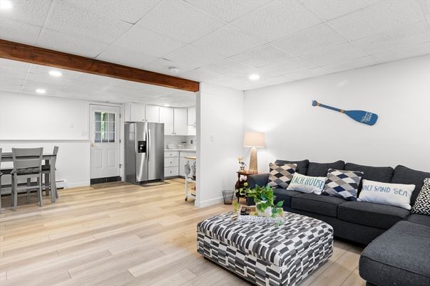 Dining room, Interior, Kitchen, Living room, Recessed Lighting, Stainless Steel Appliances, Wood Texture Flooring