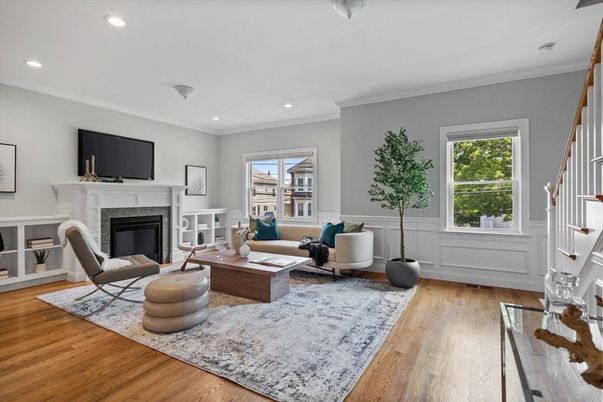 Fireplace, Interior, Living room, Recessed Lighting, Wood Texture Flooring