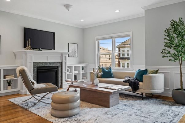 Fireplace, Interior, Living room, Recessed Lighting, Wood Texture Flooring