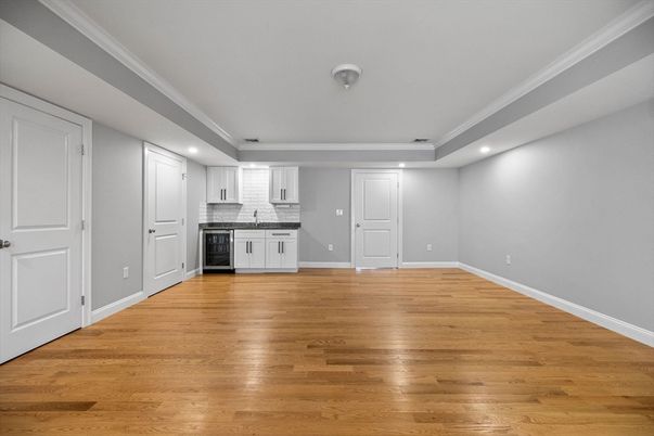 Empty room, Interior, Kitchen, Recessed Lighting, Wood Texture Flooring