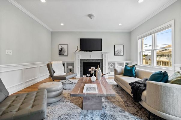 Fireplace, Interior, Living room, Recessed Lighting, Wood Texture Flooring