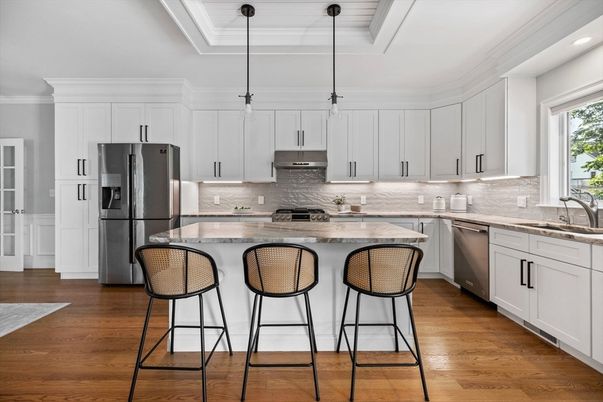 Interior, Kitchen, Pendant Lights, Recessed Lighting, Stainless Steel Appliances, Wood Texture Flooring