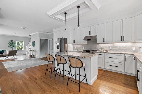 Interior, Kitchen, Pendant Lights, Stainless Steel Appliances, Wood Texture Flooring