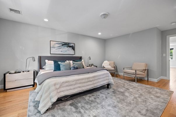 Bedroom, Interior, Recessed Lighting, Wood Texture Flooring