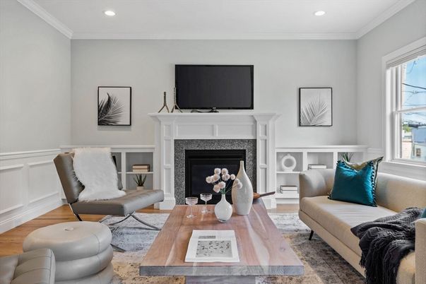 Fireplace, Interior, Living room, Recessed Lighting, Wood Texture Flooring