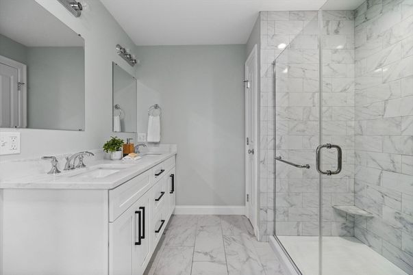 Bathroom, Dual Sink Vanities, Glass Shower, Interior, Marble, Marble Walls