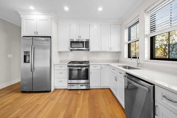 Interior, Kitchen, Recessed Lighting, Stainless Steel Appliances, Wood Texture Flooring