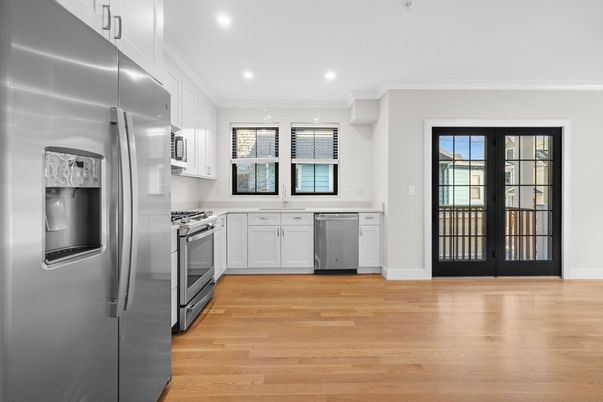 Interior, Kitchen, Recessed Lighting, Stainless Steel Appliances, Wood Texture Flooring