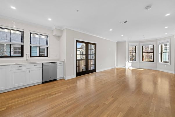 Empty room, Interior, Kitchen, Recessed Lighting, Wood Texture Flooring