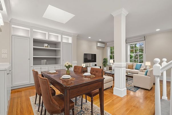 Dining room, Interior, Living room, Recessed Lighting, Wood Texture Flooring