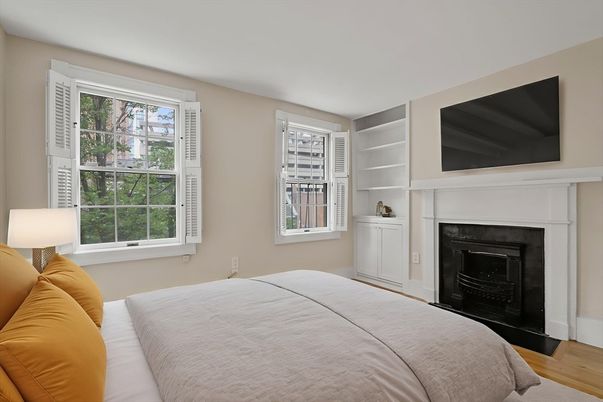 Bedroom, Fireplace, Interior, Wood Texture Flooring