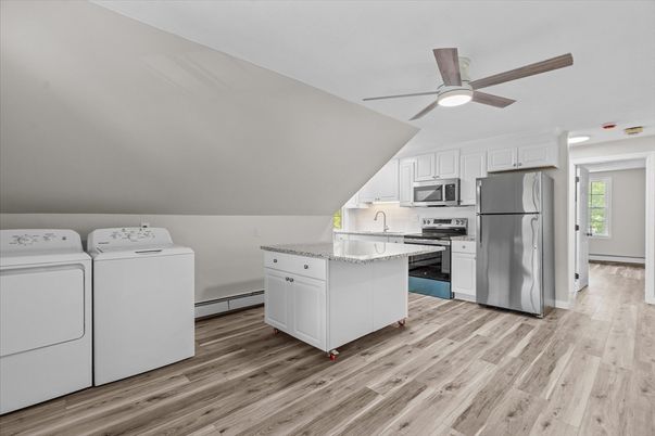 Interior, Kitchen, Stainless Steel Appliances, Washer, Wood Texture Flooring