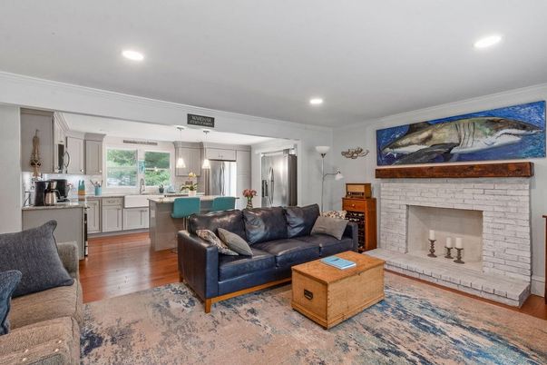 Fireplace, Interior, Kitchen, Living room, Pendant Lights, Recessed Lighting, Stone Walls, Wood Texture Flooring