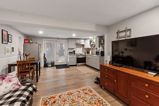Dining room, Interior, Kitchen, Recessed Lighting, Stainless Steel Appliances, Wood Texture Flooring