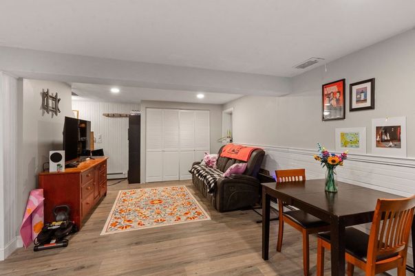 Dining room, Interior, Living room, Recessed Lighting, Wood Texture Flooring