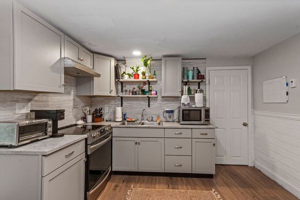 Interior, Kitchen, Recessed Lighting, Stainless Steel Appliances, Wood Texture Flooring