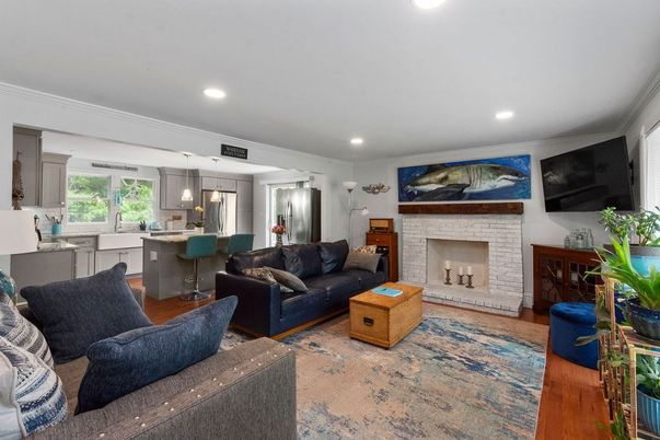 Fireplace, Interior, Kitchen, Living room, Pendant Lights, Recessed Lighting, Wood Texture Flooring