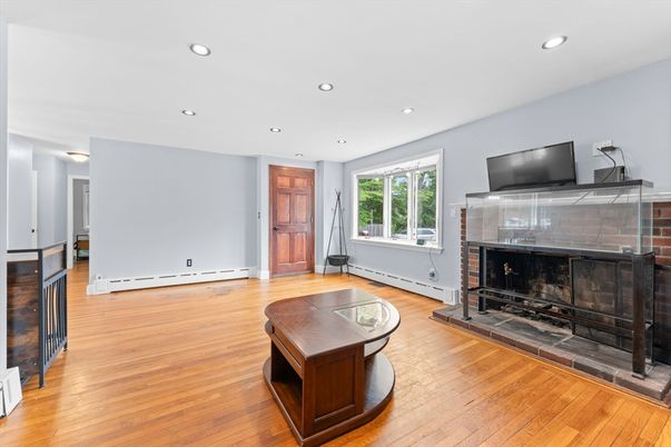 Fireplace, Interior, Recessed Lighting, Wood Texture Flooring