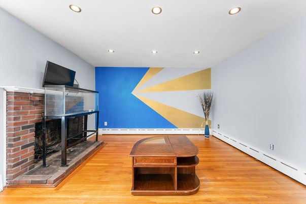 Fireplace, Interior, Recessed Lighting, Wood Texture Flooring