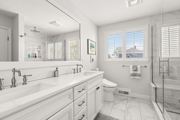 Bathroom, Dual Sink Vanities, Glass Shower, Interior, Marble, Marble Walls