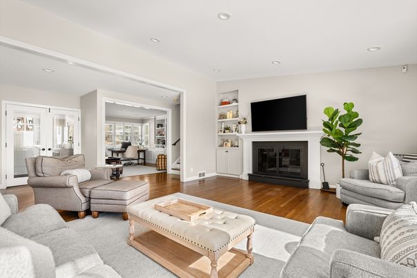 Fireplace, Interior, Living room, Recessed Lighting, Wood Texture Flooring