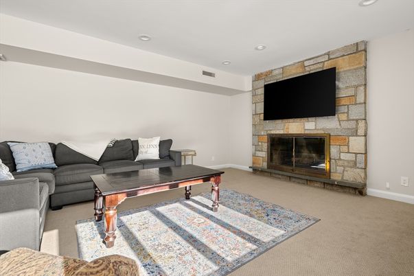 Fireplace, Interior, Living room, Recessed Lighting, Stone Walls