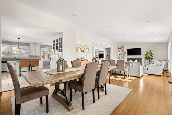 Dining room, Interior, Living room, Pendant Lights, Recessed Lighting, Wood Texture Flooring