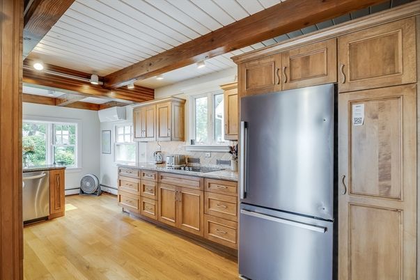 Interior, Kitchen, Recessed Lighting, Stainless Steel Appliances, Wooden Beams, Wood Texture Flooring
