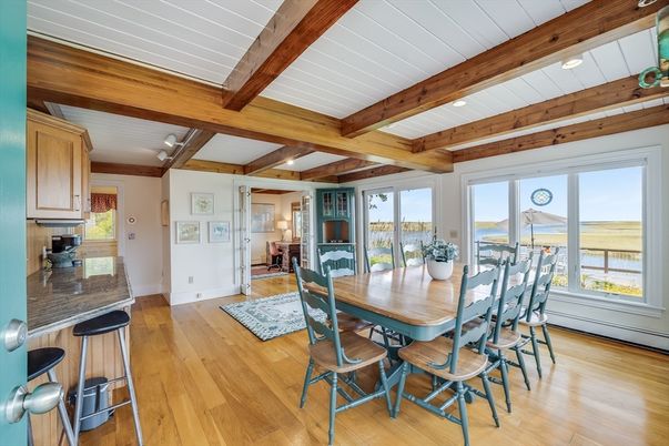 Dining room, Interior, Recessed Lighting, Water, Wooden Beams, Wood Texture Flooring