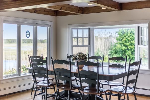 Dining room, Interior, Recessed Lighting, Wooden Beams, Wood Texture Flooring
